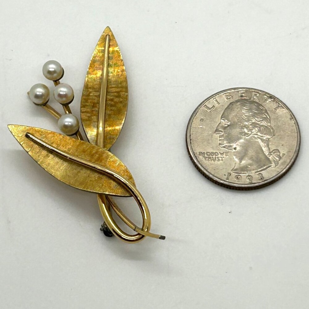 Vintage Krementz Brooch Pin Gold-Tone Leaf & Faux Pearl Floral 1.5 inch - Picture 3 of 16